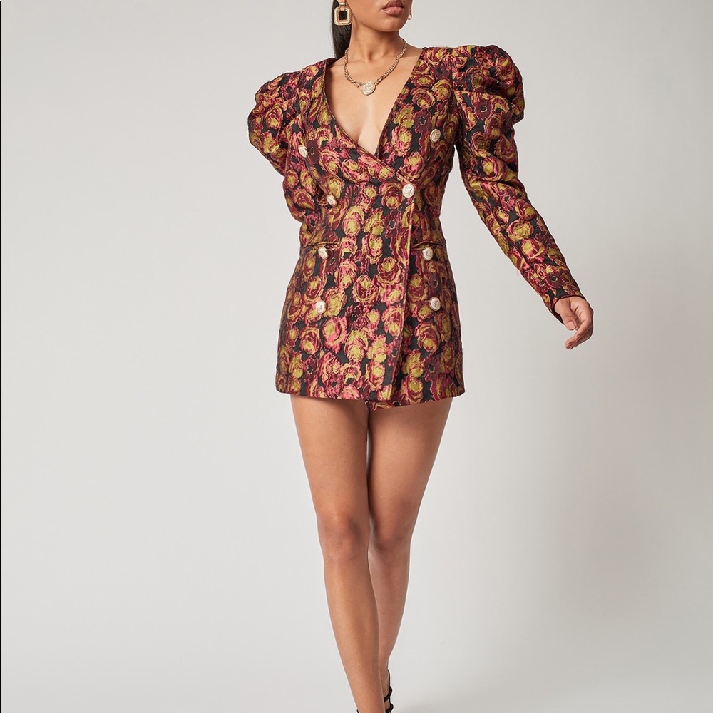 Double Button Floral Jaquard Blazer Dress